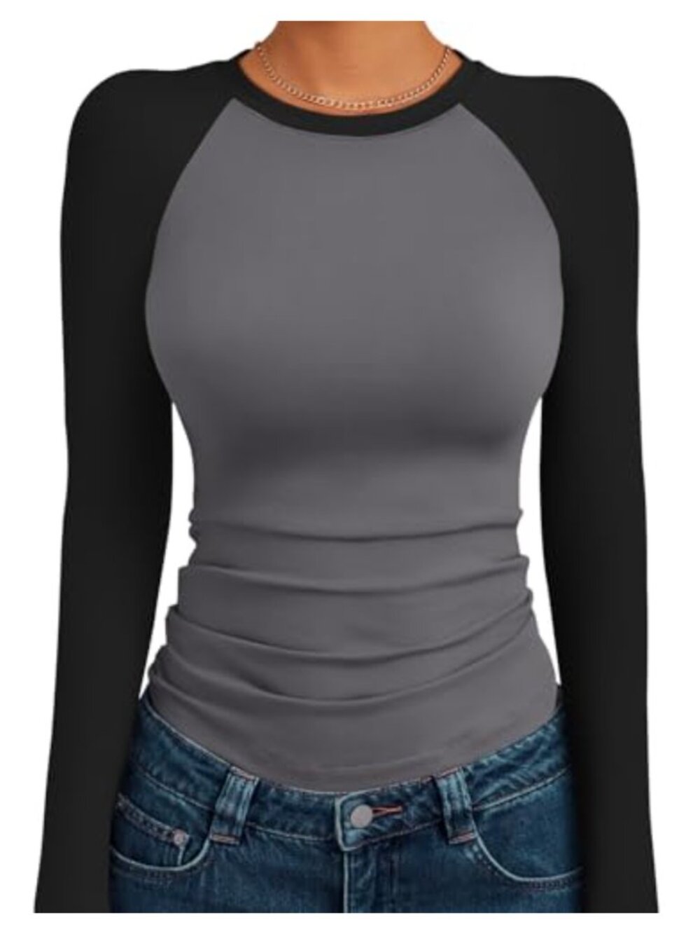 Long Sleeve Slim Fit Stretchy Color Block Raglan Baseball Tee